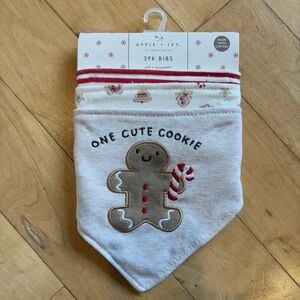 3 PC Christmas Bandana Bibs Snap Closure Gingerbread Red & White Size 0-12M